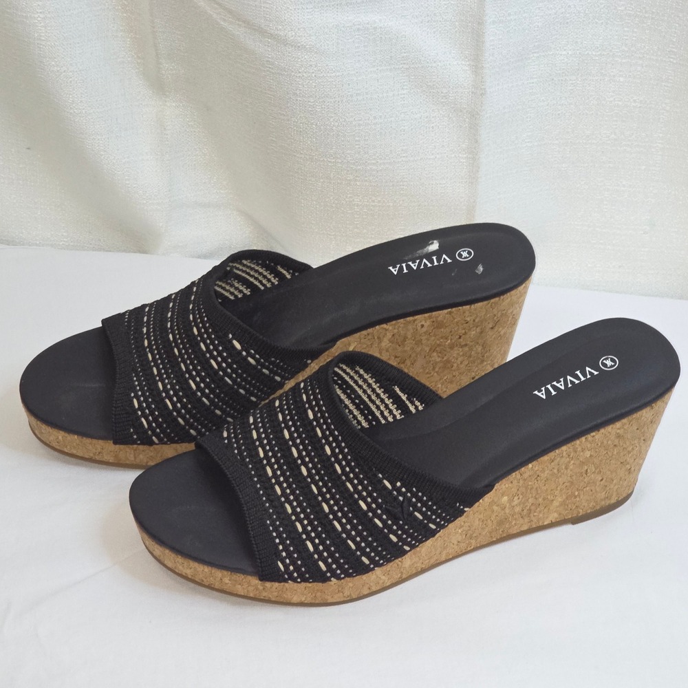Vivaia Women Black Knit Cork Wedge Sandals Slide Shoes Size 39 EU 8 US